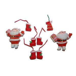 8 FLOCKED CHRISTMAS ORNAMENTS  2 ~ 4" SANTA CLAUS 5 ~ 1" RED BOOTS  1 ~ 2" BELL